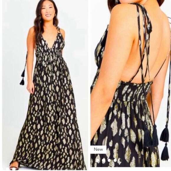 NEW Altar’d State Vanessa Maxi Dress Black Gold Metallic Boho Maxi Formal Glam - Picture 2 of 12